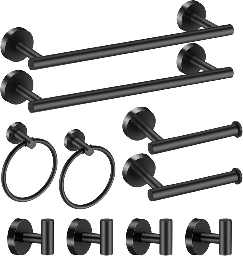 Hinmood Bathroom Hardware Set Black 10 Pieces, Towel Bar Set Matte Black Stainless Steel Towel Rack Set Includes 2PCS 16'' Towel bar, 4PCS Towel Hooks, 2PCS Toilet Paper Holder and 2PCS Towel Ring - Image 1